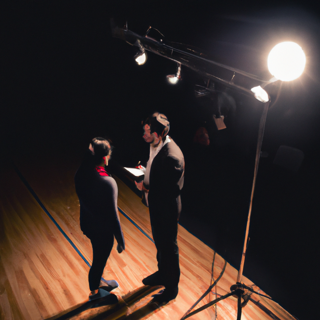 Coach guiding a student on a small stage with warm spotlights and soft audience bokeh