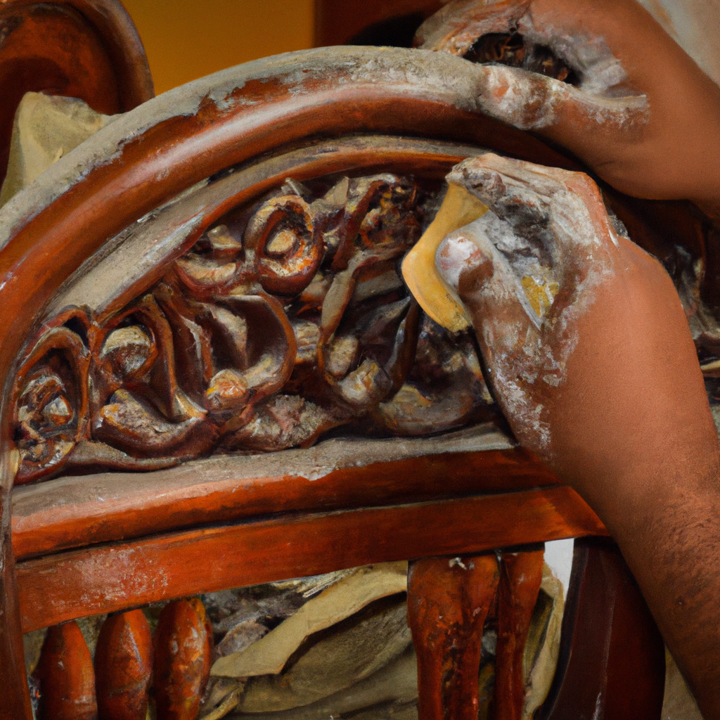 Close-up of hand restoring antique chair with oil finish in workshop