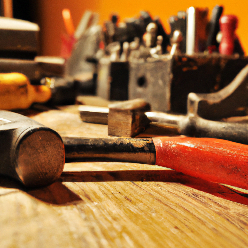 Vintage wood workbench with restoration tools in soft light